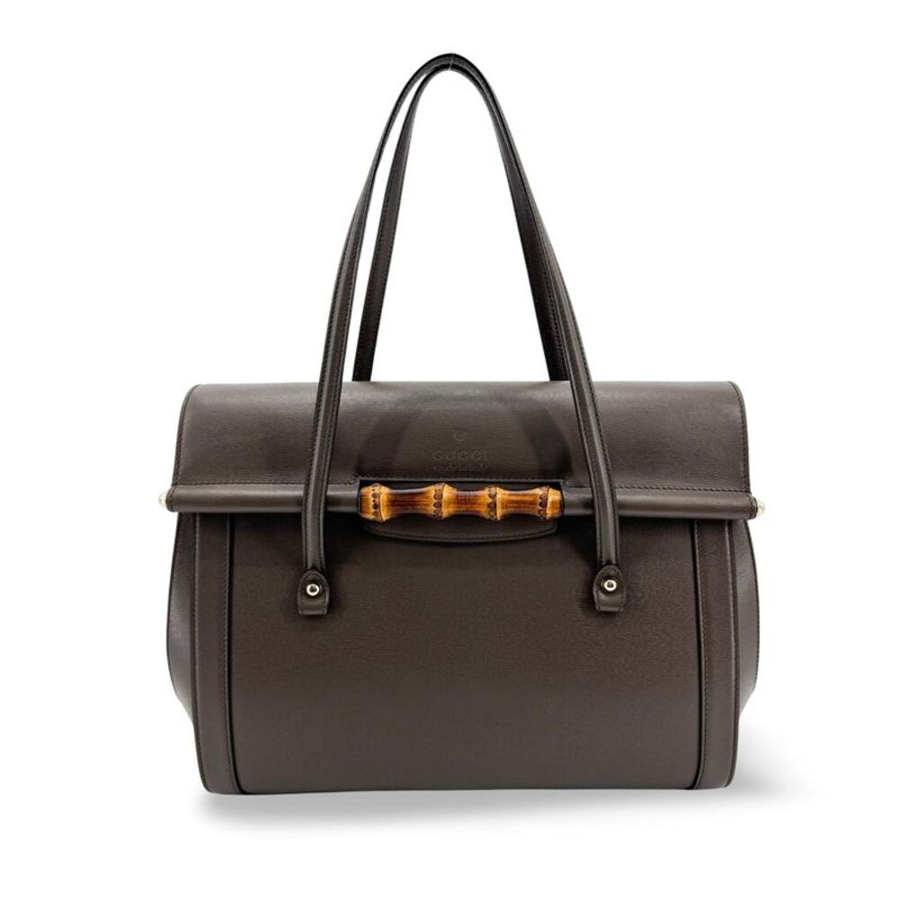 Gucci Vintage Bamboo Leather Flap Crossbody Bag Dark Brown